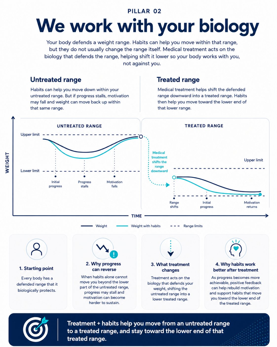 Pillar 2 diagram: medical treatment shifts the defended weight range downward